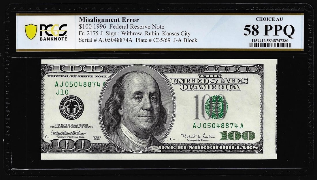 1996 $100 Federal Reserve Note Fr.2175-J Misalignment Error PCGS Choice AU 58PPQ: One 1996 $100 Federal Reserve Note Fr.2175-J Misalignment Error PCGS Choice AU 58PPQ. PCGS Graded.