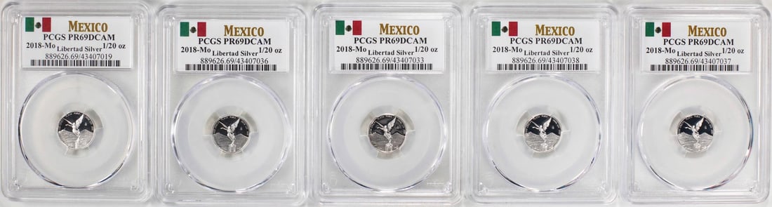Lot of (5) 2018-Mo Mexico Proof 1/20 oz Silver Libertad Coins PCGS PR69DCAM: One Lot of (5) 2018-Mo Mexico Proof 1/20 oz Silver Libertad Coins PCGS PR69DCAM. PCGS Graded.