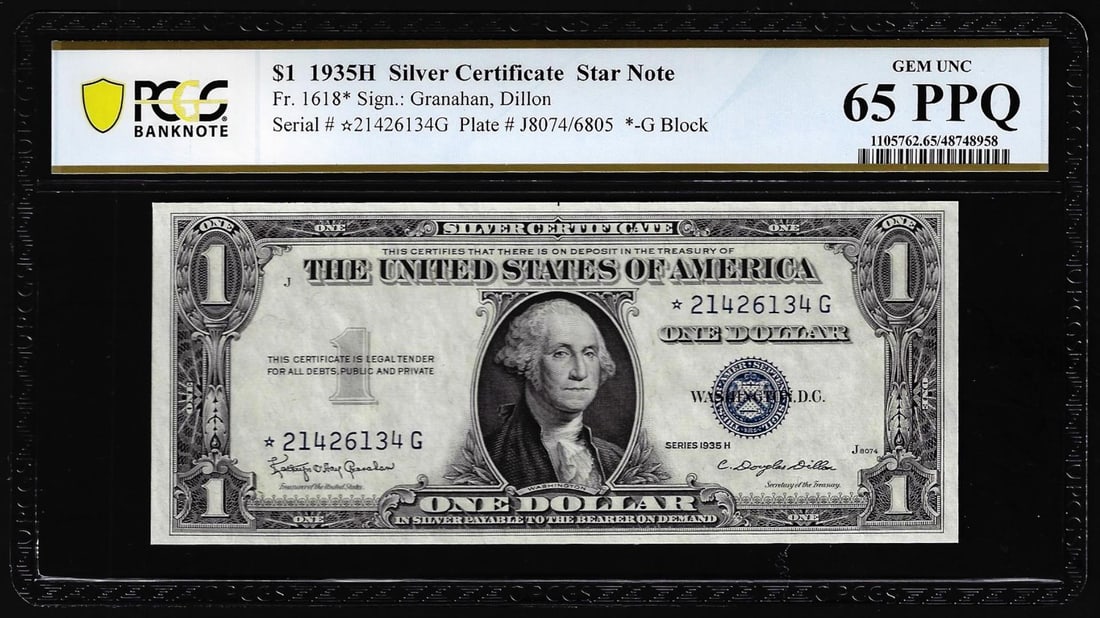 426) 1935H $1 Silver Certificate STAR Note Fr.16198* PCGS Gem Uncirculated 65PPQ: One 1935H $1 Silver Certificate STAR Note Fr.16198* PCGS Gem Uncirculated 65PPQ. PCGS Graded.