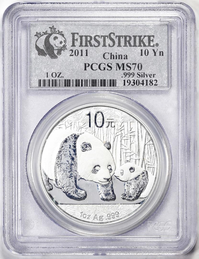 460) 2011 China 10 Yuan Silver Panda Coin PCGS MS70 First Strike: One 2011 China 10 Yuan Silver Panda Coin PCGS MS70 First Strike. PCGS Graded.