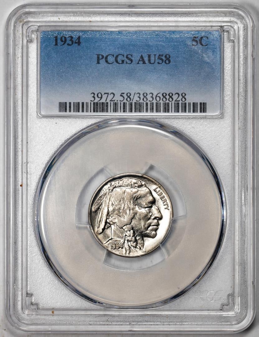 499) 1934 Buffalo Nickel Cent Coin PCGS AU58: One 1934 Buffalo Nickel Cent Coin PCGS AU58. PCGS Graded.
