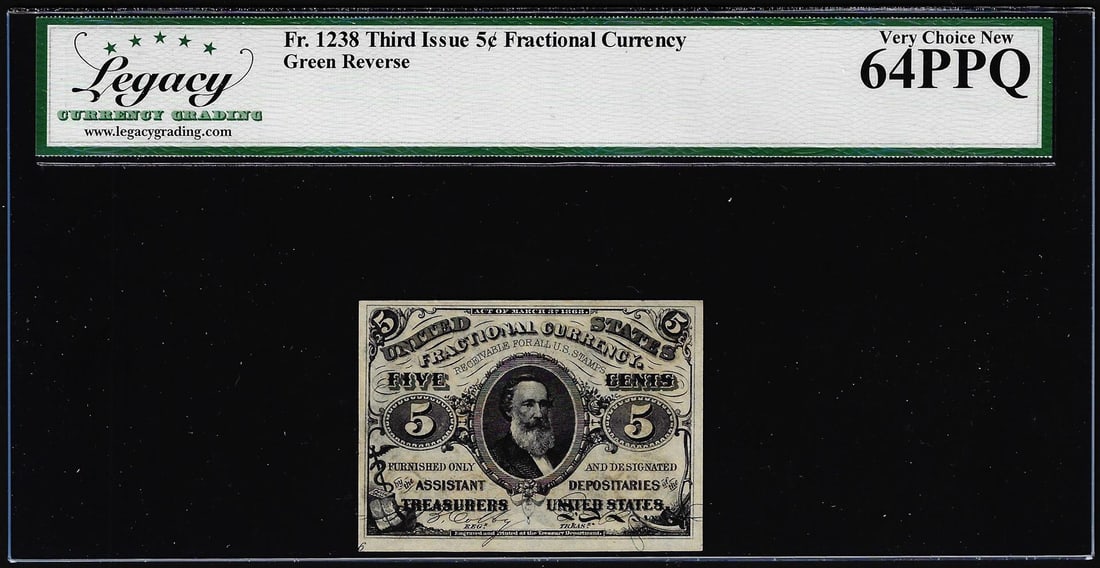 546) 1863 Third Issue Five Cents Fractional Note Fr.1238 Legacy Very Choice New 64PPQ: One 1863 Third Issue Five Cents Fractional Note Fr.1238 Legacy Very Choice New 64PPQ. Legacy Graded.
