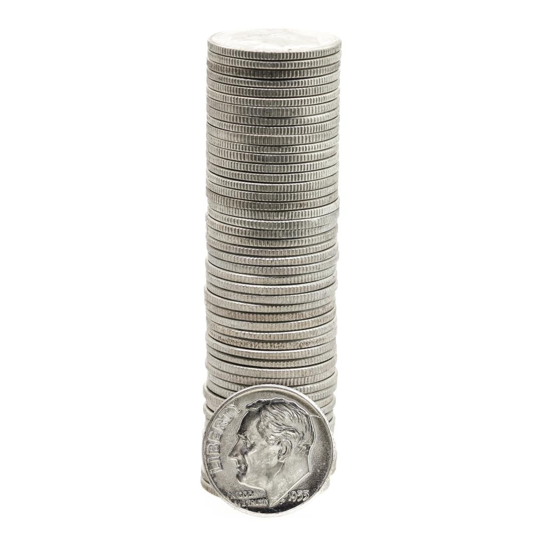 17) Roll of (50) Brilliant Uncirculated 1955 Roosevelt Dimes: One Roll of (50) Brilliant Uncirculated 1955 Roosevelt Dimes.