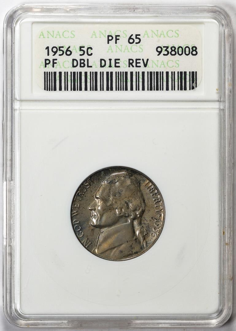 515) 1956 Double Die Reverse Proof Jefferson Nickel Coin ANACS PF65 Soapbox Holder: One 1956 Double Die Reverse Proof Jefferson Nickel Coin ANACS PF65 Soapbox Holder. ANACS Certified.