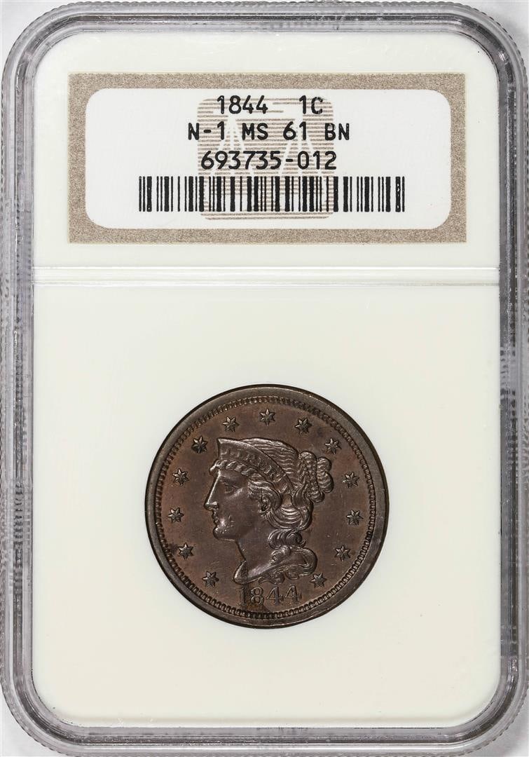 50) 1844 N-1 Coronet Head Large Cent Coin NGC MS61BN: One 1844 N-1 Coronet Head Large Cent Coin NGC MS61BN. NGC Certified.