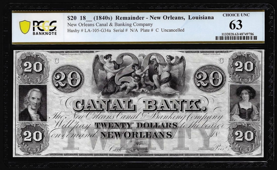 65) 1840's $20 Canal Bank of New Orleans, LA Remainder Obsolete Note PCGS Choice Unc 63: One 1840's $20 Canal Bank of New Orleans, LA Remainder Obsolete Note PCGS Choice Unc 63. PCGS Graded.
