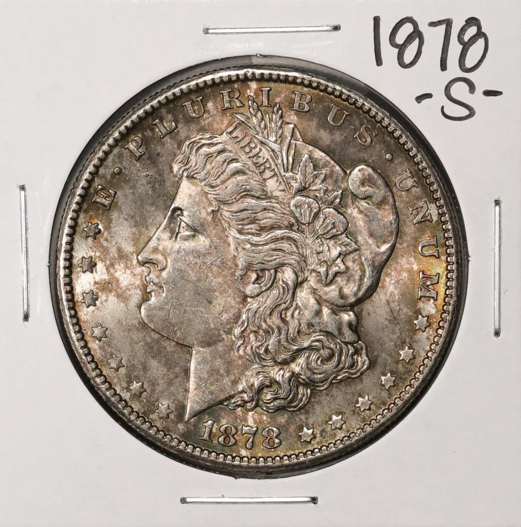 91) 1878-S $1 Morgan Silver Dollar Coin: One 1878-S $1 Morgan Silver Dollar Coin.