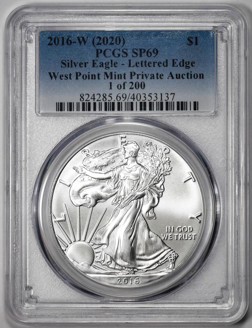 282) 2016-W Lettered Edge $1 American Silver Eagle Coin PCGS SP69 West Point Mint: One 2016-W Lettered Edge $1 American Silver Eagle Coin PCGS SP69 West Point Mint. PCGS Graded.