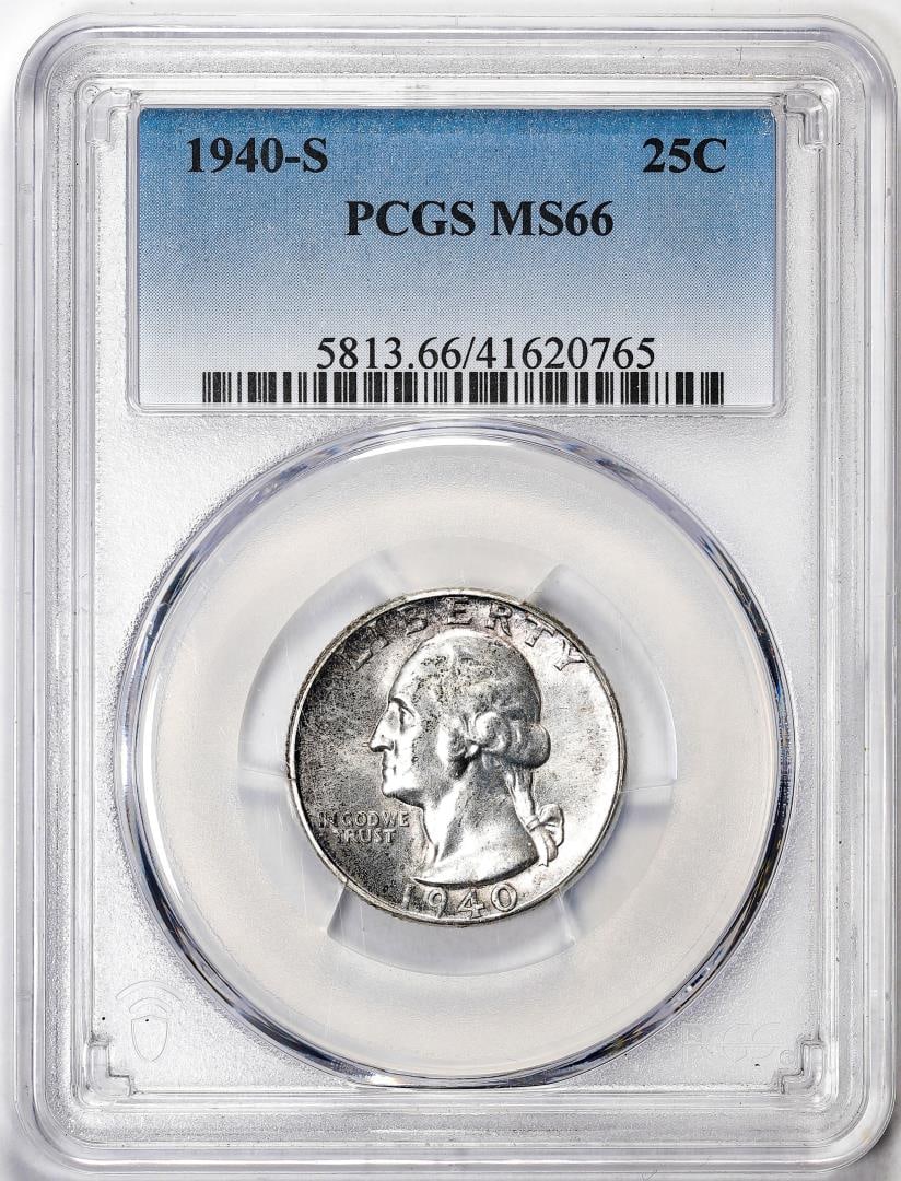 388) 1940-S Washington Quarter Coin PCGS MS66: One 1940-S Washington Quarter Coin PCGS MS66. PCGS Graded.