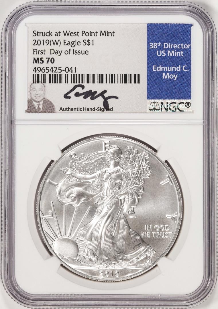 466) 2019(W) $1 American Silver Eagle Coin NGC MS70 FDOI Moy Signature West Point Mint: One 2019(W) $1 American Silver Eagle Coin NGC MS70 FDOI Moy Signature West Point Mint. NGC Certified.
