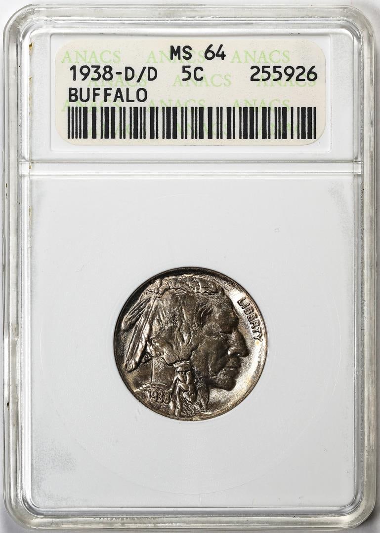499) 1938-D/D Buffalo Nickel Coin ANACS MS64 Old Soapbox Holder: One 1938-D/D Buffalo Nickel Coin ANACS MS64 Old Soapbox Holder. ANACS Certified.