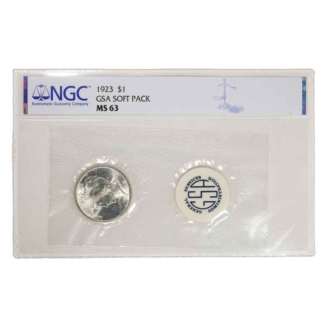 223) 1923 $1 Peace Silver Dollar Coin in GSA Soft Pack NGC MS63: One 1923 $1 Peace Silver Dollar Coin in GSA Soft Pack NGC MS63. NGC Certified.