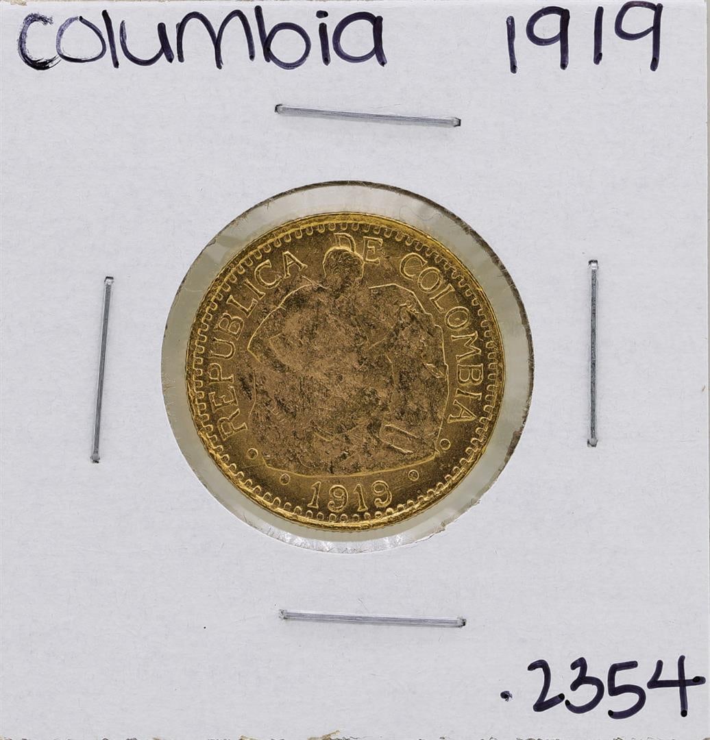 1919 Columbia 5 Pesos Gold Coin: One 1919 Columbia 5 Pesos Gold Coin.