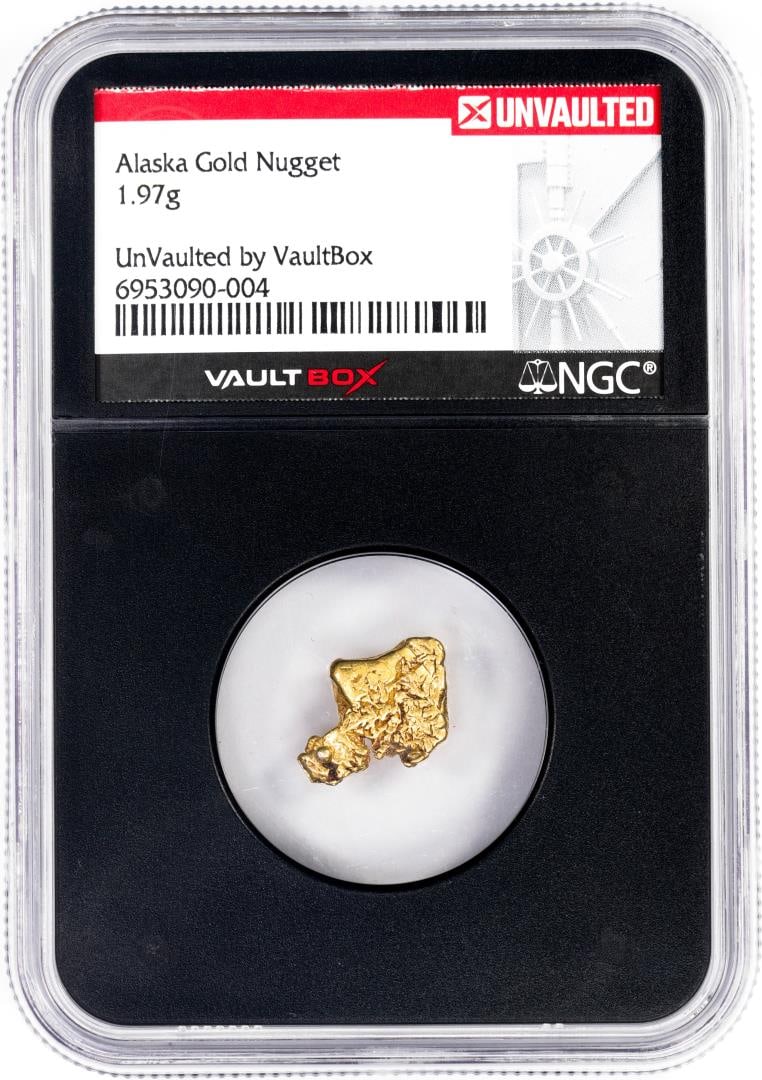 1.97 Gram Alaska Gold Nugget NGC Vaultbox Unvaulted: One 1.97 Gram Alaska Gold Nugget NGC Vaultbox Unvaulted. NGC Certified.