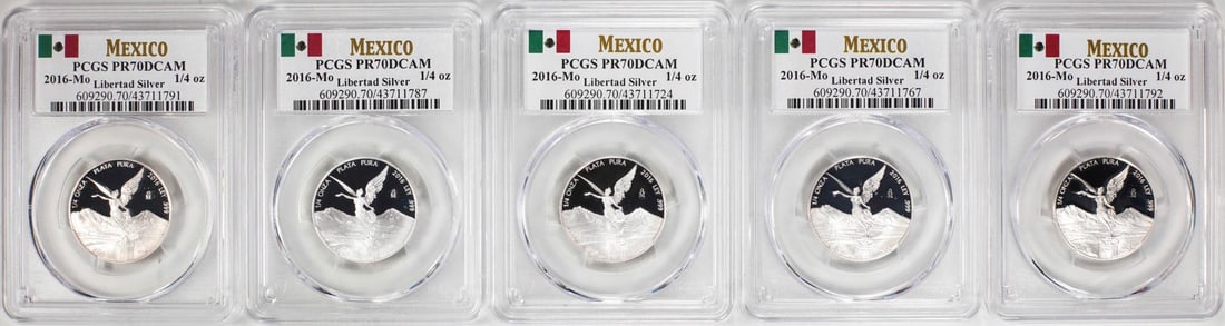 Lot of (5) 2016-Mo Mexico Proof 1/4 oz Silver Libertad Coins PCGS PR70DCAM: One Lot of (5) 2016-Mo Mexico Proof 1/4 oz Silver Libertad Coins PCGS PR70DCAM. PCGS Graded.