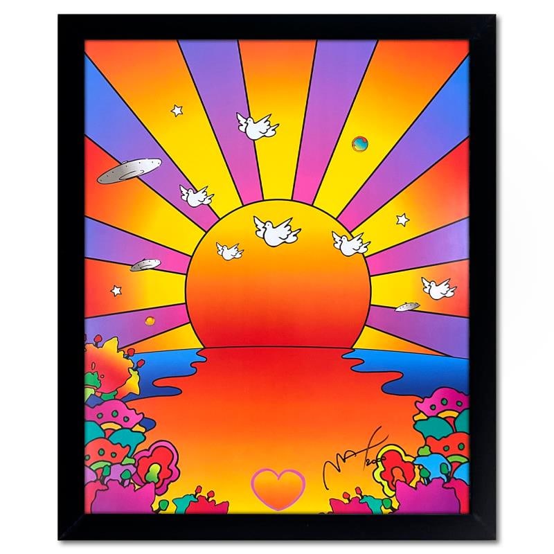 Peter Max "Sunrise 2000" Poster Poster on Paper: "Sunrise 2000" is an offset lithograph on paper by Peter Max, hand signed by the artist. This piece comes custom framed. Includes Letter of Authenticity. Measures approx. 23" x 28" (frame), 19" x 24"