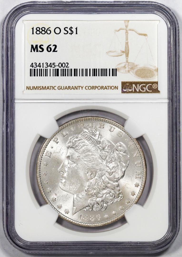 1886-O $1 Morgan Silver Dollar Coin NGC MS62: One 1886-O $1 Morgan Silver Dollar Coin NGC MS62. NGC Certified.