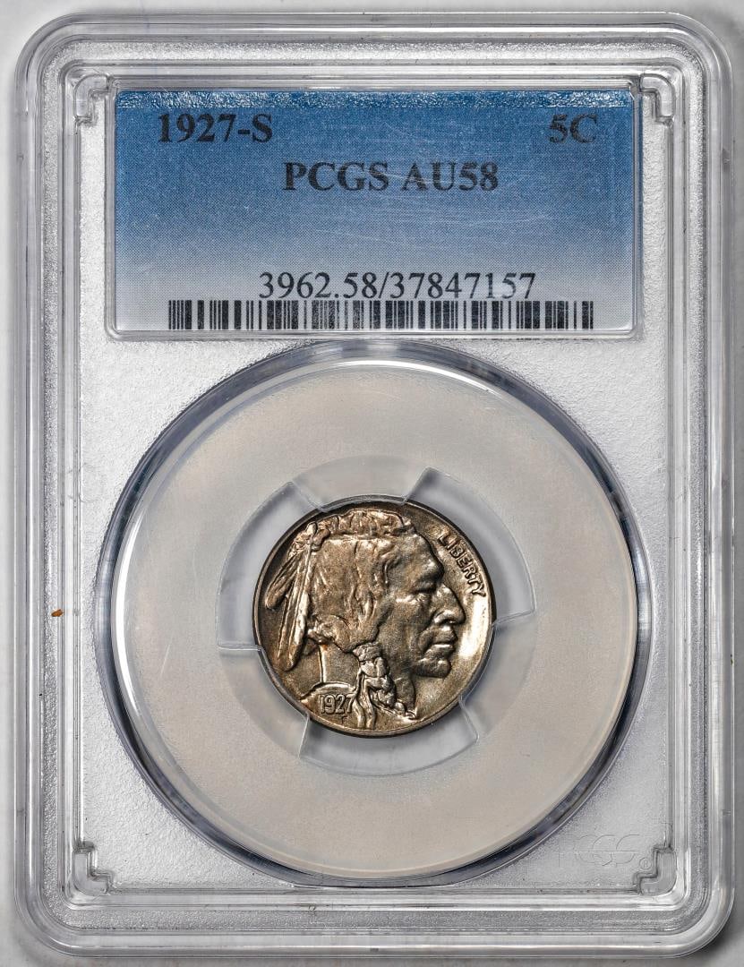 1927-S Buffalo Nickel Cent Coin PCGS AU58: One 1927-S Buffalo Nickel Cent Coin PCGS AU58. PCGS Graded.
