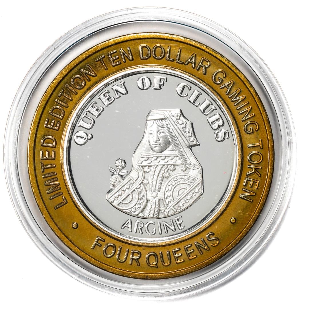 376) .999 Fine Silver Four Queens Casino Las Vegas, NV $10 Limited Edition Gaming Token: One .999 Fine Silver Four Queens Casino Las Vegas, NV $10 Limited Edition Gaming Token.