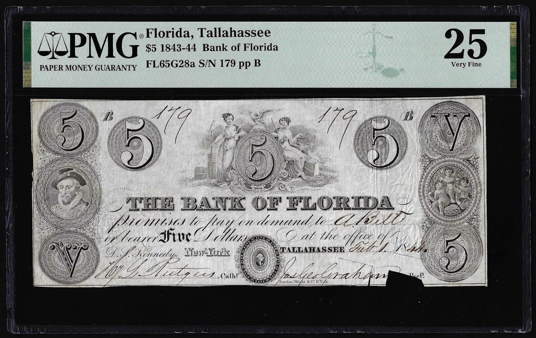 1843-44 $5 The Bank of Florida Tallahassee, FL Obsolete Note PMG Very Fine 25: One 1843-44 $5 The Bank of Florida Tallahassee, FL Obsolete Note PMG Very Fine 25. PMG Certified.