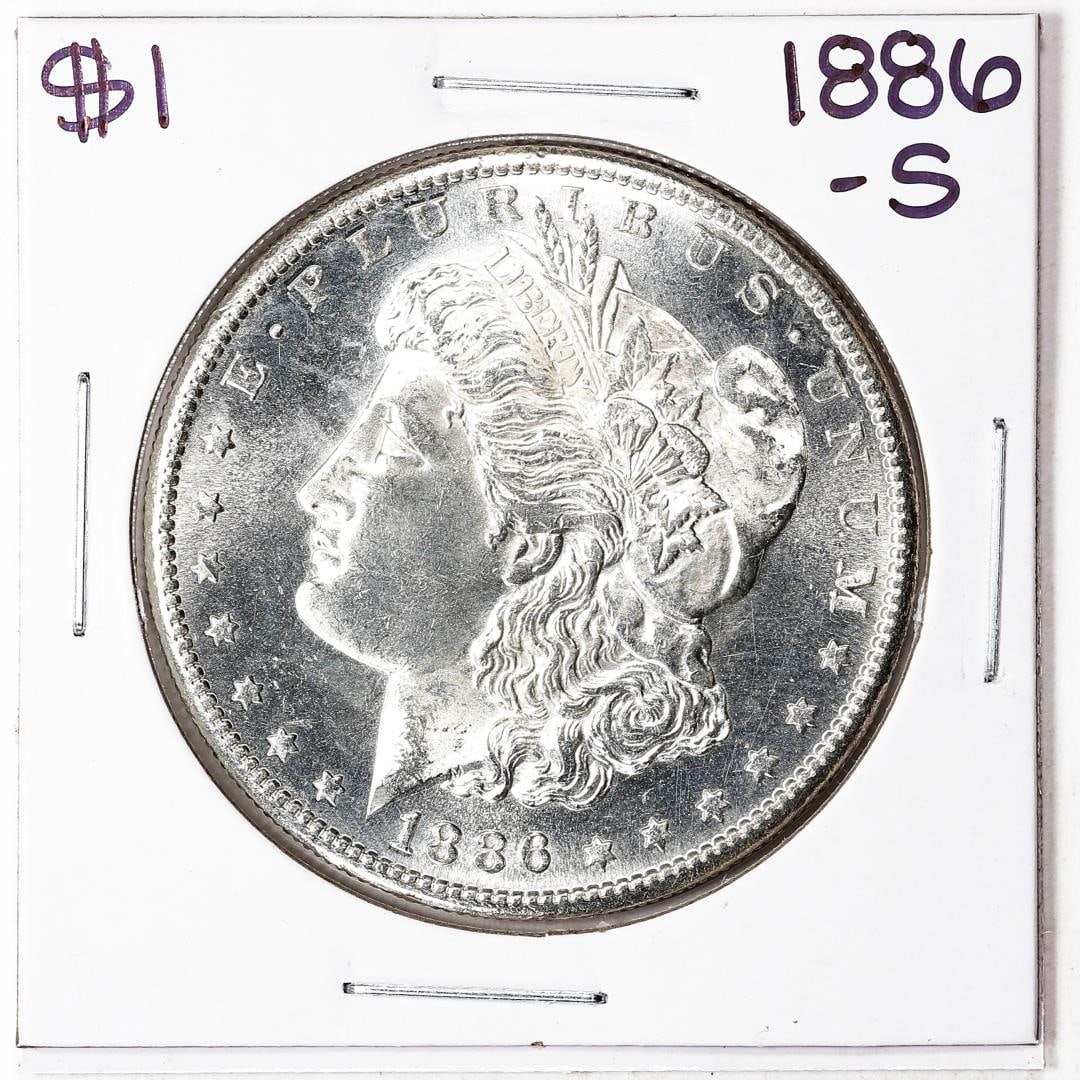 1886-S $1 Morgan Silver Dollar Coin: One 1886-S $1 Morgan Silver Dollar Coin.