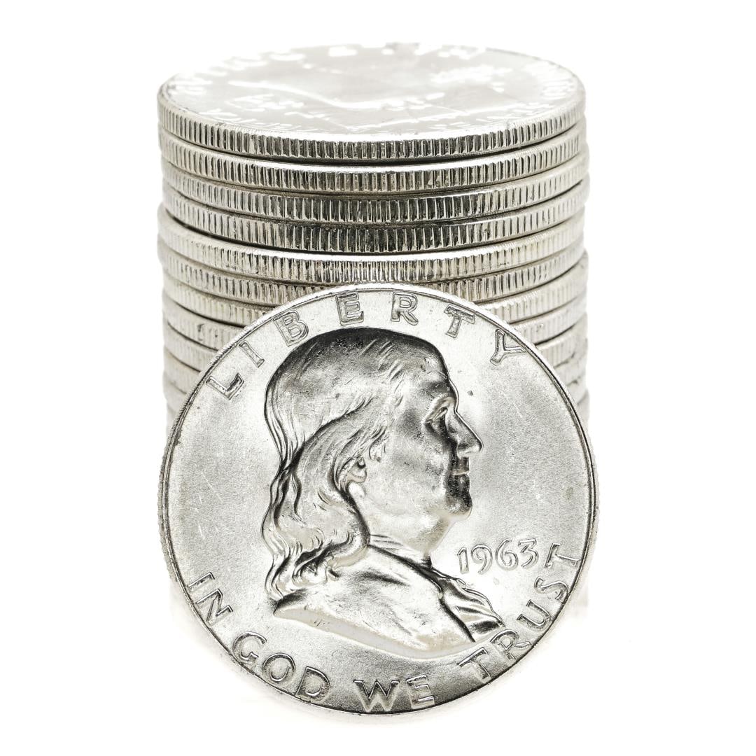 Roll of (20) Brilliant Uncirculated 1963 Franklin Half Dollar Coins: One Roll of (20) Brilliant Uncirculated 1963 Franklin Half Dollar Coins.