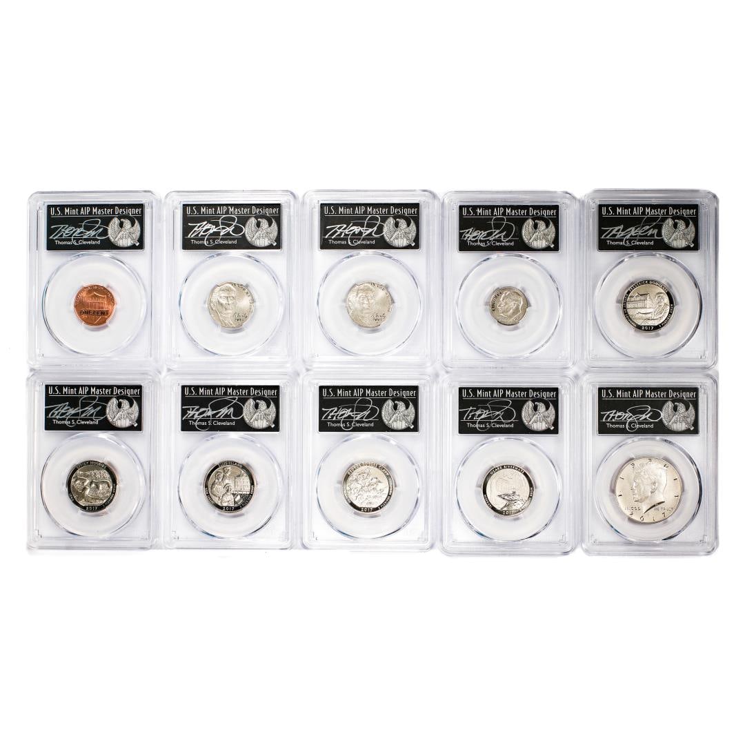 Lot of (10) 2017-S Enhanced Uncirculated Denver Mint Coin Set PCGS SP70 Cleveland Sig: One Lot of (10) 2017-S Enhanced Uncirculated Denver Mint Coin Set PCGS SP70 Cleveland Sig. PCGS Graded.