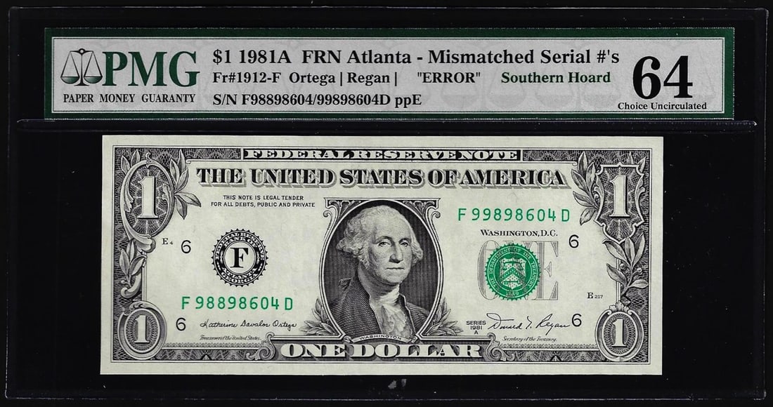 1981A $1 Federal Reserve Note Atlanta Mismatched S/N Error PMG Choice Uncirculated 63: One 1981A $1 Federal Reserve Note Atlanta Mismatched S/N Error PMG Choice Uncirculated 63. PMG Certified.