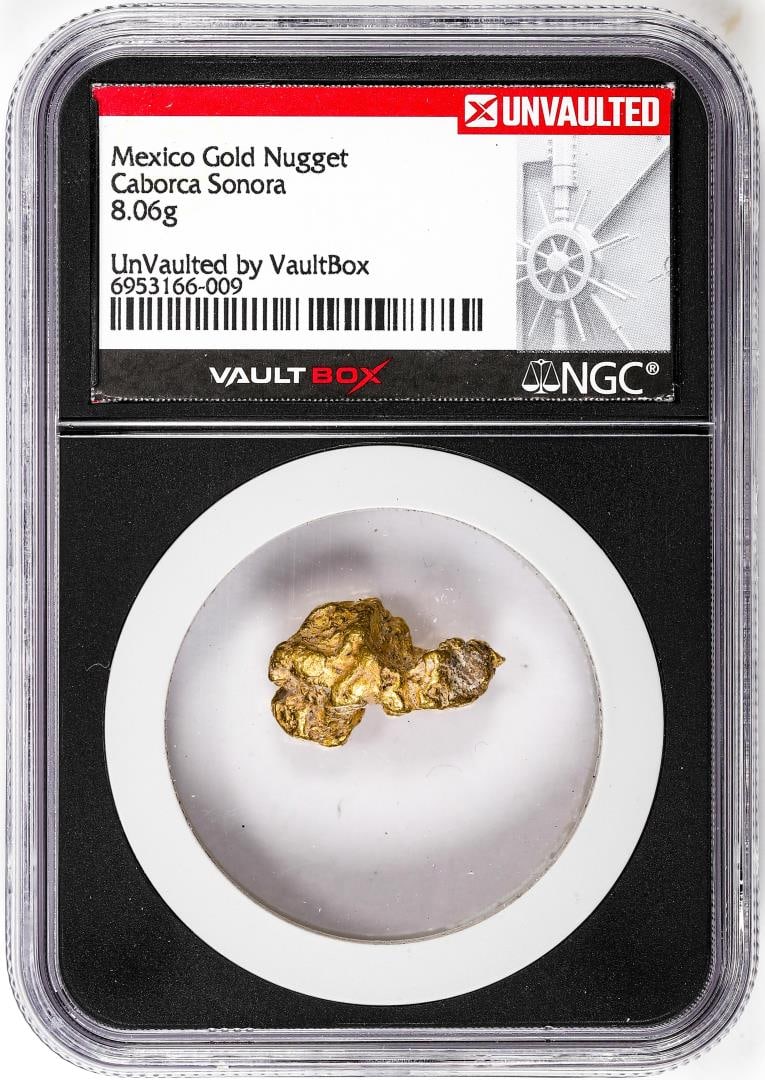 8.06 Gram Caborca Sonora Mexico Gold Nugget NGC Vaultbox Unvaulted: One 8.06 Gram Caborca Sonora Mexico Gold Nugget NGC Vaultbox Unvaulted. NGC Certified.
