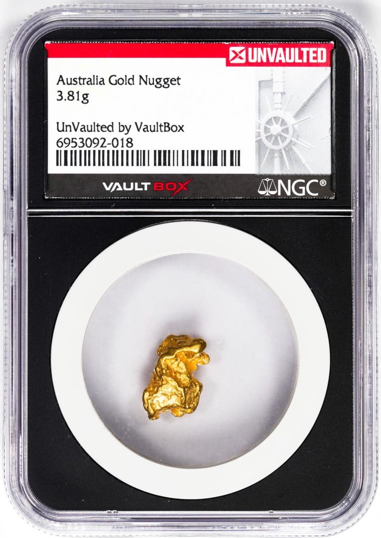 3.81 Gram Australia Gold Nugget NGC Vaultbox Unvaulted: One 3.81 Gram Australia Gold Nugget NGC Vaultbox Unvaulted. NGC Certified.
