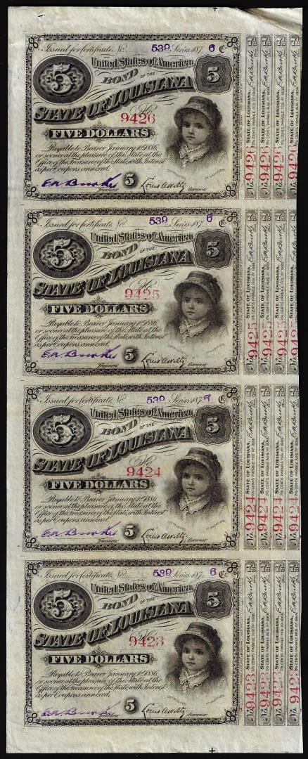 Uncut Sheet of (4) State of Louisiana Baby Bond Obsolete Notes: One Uncut Sheet of (4) State of Louisiana Baby Bond Obsolete Notes.