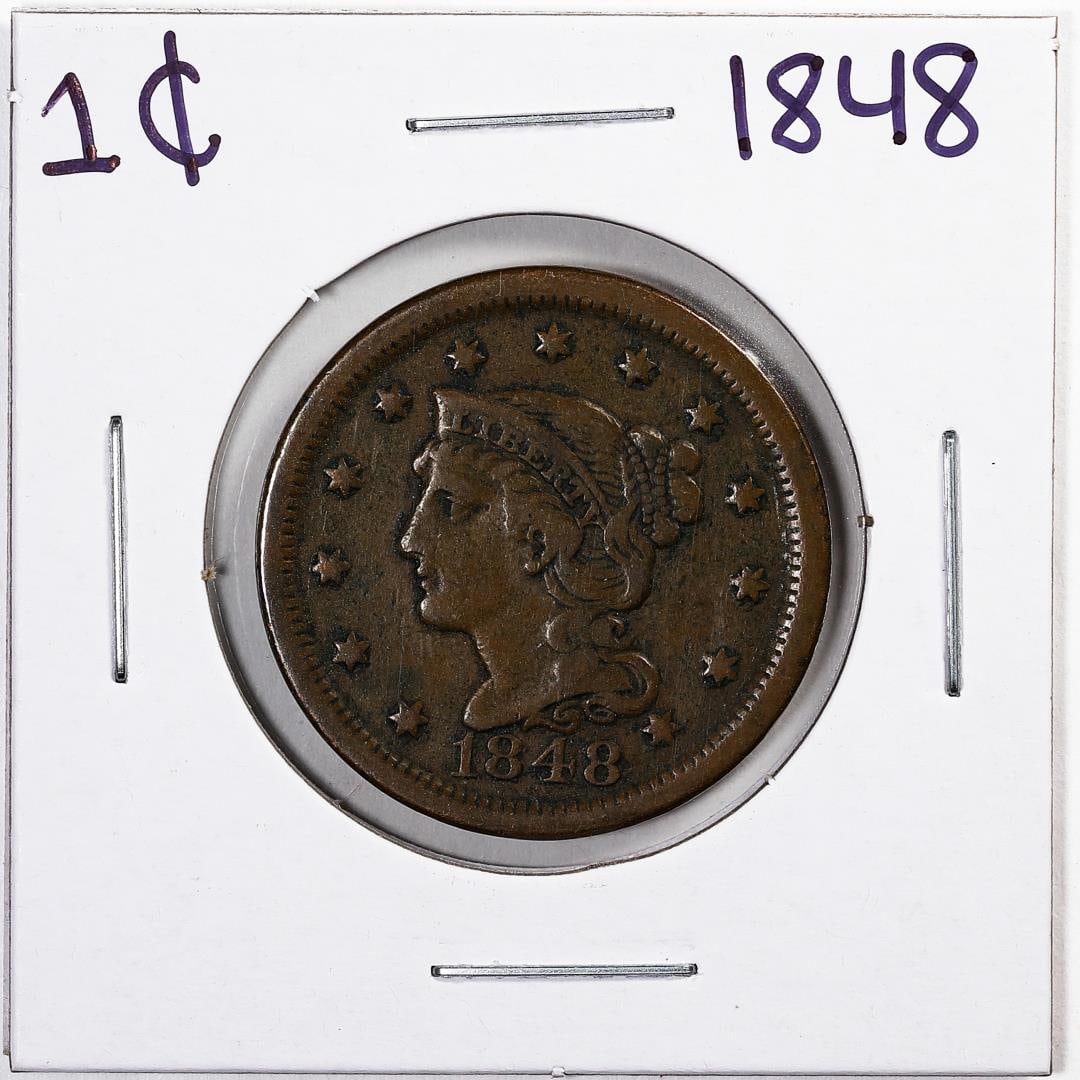 1848 Braided Hair Large Cent Coin: One 1848 Braided Hair Large Cent Coin.
