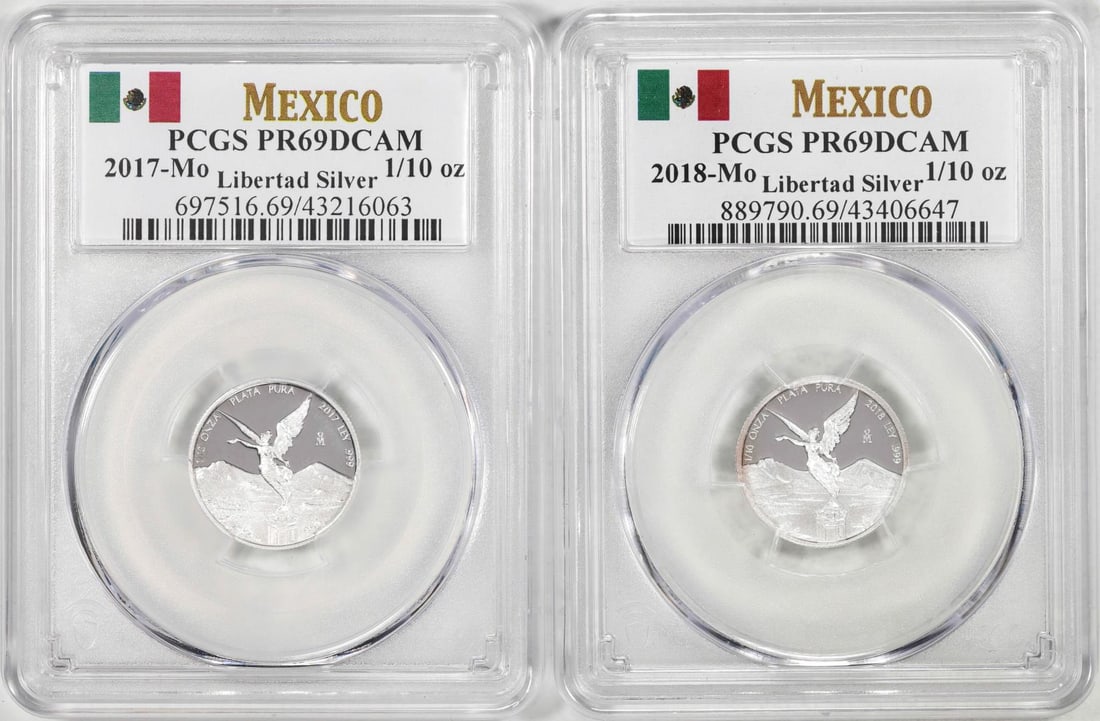 Lot of 2017-2018-Mo Mexico Proof 1/10 oz Silver Libertad Coins PCGS PR69DCAM: One Lot of 2017-2018-Mo Mexico Proof 1/10 oz Silver Libertad Coins PCGS PR69DCAM. PCGS Graded.