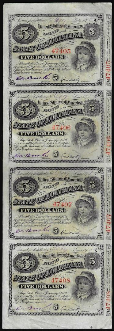 Uncut Sheet of (4) State of Louisiana Baby Bond Obsolete Notes: One Uncut Sheet of (4) State of Louisiana Baby Bond Obsolete Notes.