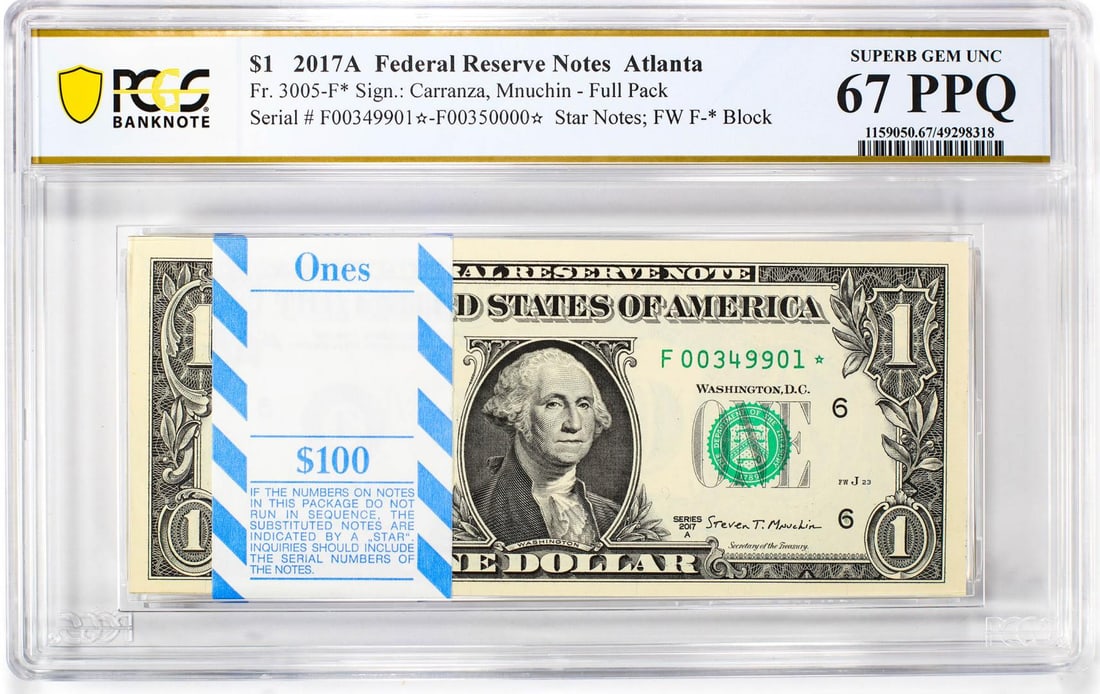 Pack of 2017A $1 Federal Reserve STAR Notes ATL Fr.3005-F* PCGS Superb Gem UNC 67PPQ: One Pack of 2017A $1 Federal Reserve STAR Notes ATL Fr.3005-F* PCGS Superb Gem UNC 67PPQ. PCGS Graded.