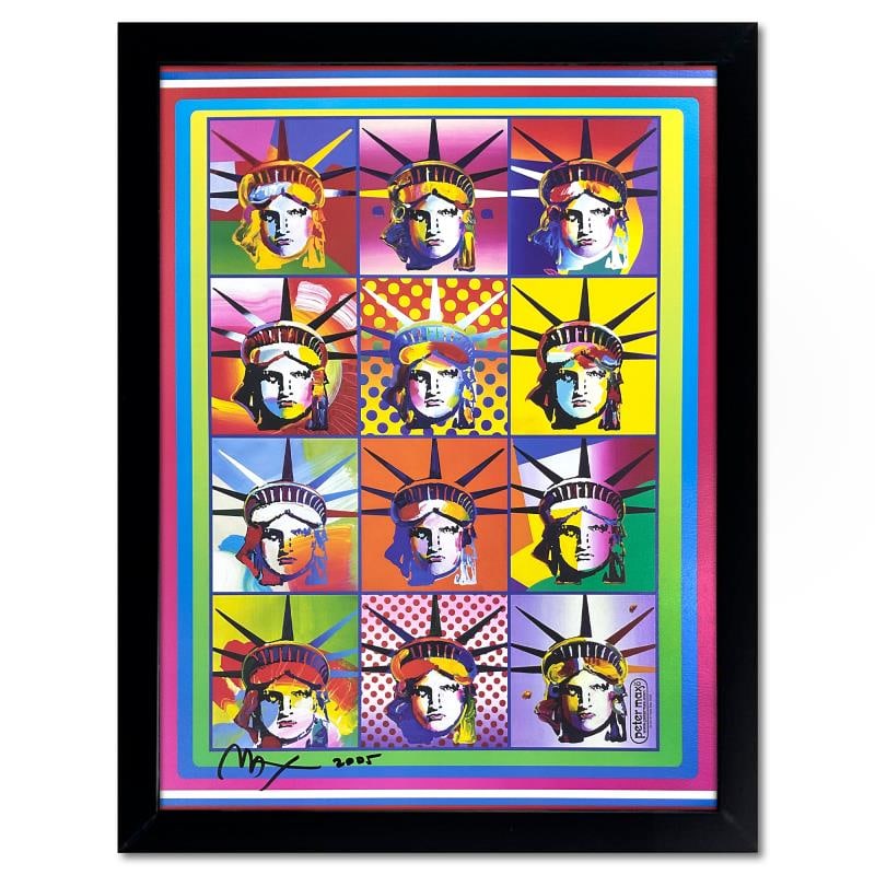 Peter Max "Liberty and Justice" Poster Lithograph on Paper: "Liberty and Justice" is an offset lithograph on paper by Peter Max, hand signed by the artist. This piece comes custom framed. Includes Letter of Authenticity. Measures approx. 28" x 22" (frame), 24"