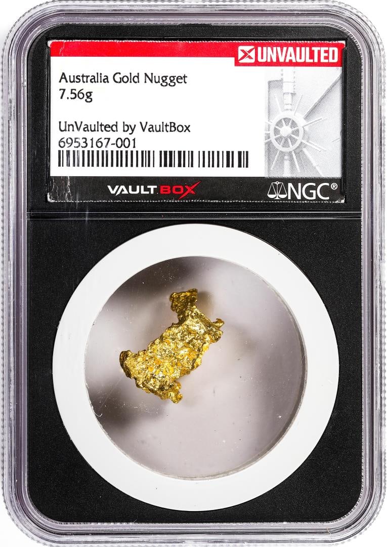 7.56 Gram Australia Gold Nugget NGC Vaultbox Unvaulted: One 7.56 Gram Australia Gold Nugget NGC Vaultbox Unvaulted. NGC Certified.