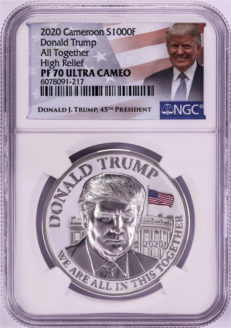 2020 Cameroon 1000 Francs High Relief Donald Trump Silver Coin NGC PF70 Ultra Cameo: One 2020 Cameroon 1000 Francs High Relief Donald Trump Silver Coin NGC PF70 Ultra Cameo. NGC Certified.