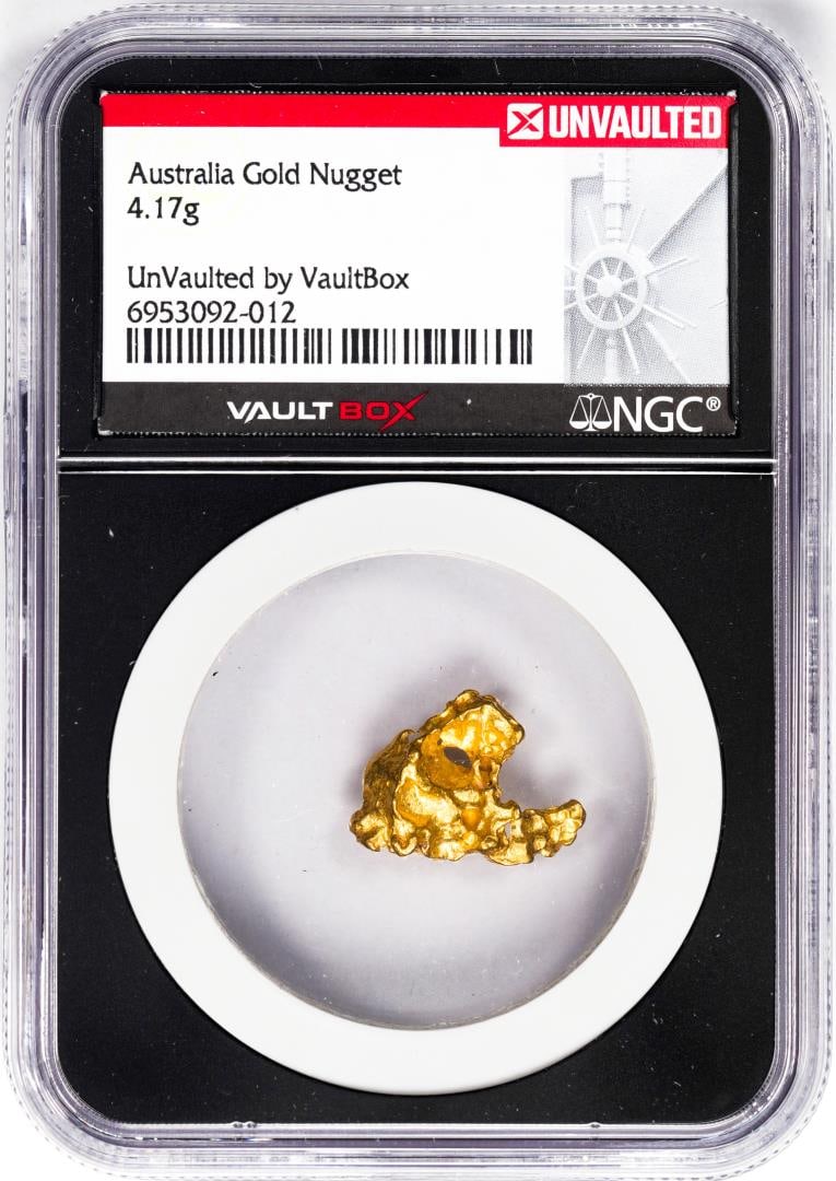 4.17 Gram Australia Gold Nugget NGC Vaultbox Unvaulted: One 4.17 Gram Australia Gold Nugget NGC Vaultbox Unvaulted. NGC Certified.