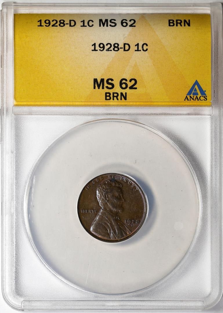 1928-D Lincoln Wheat Cent Coin ANACS MS62BRN: One 1928-D Lincoln Wheat Cent Coin ANACS MS62BRN. ANACS Certified.