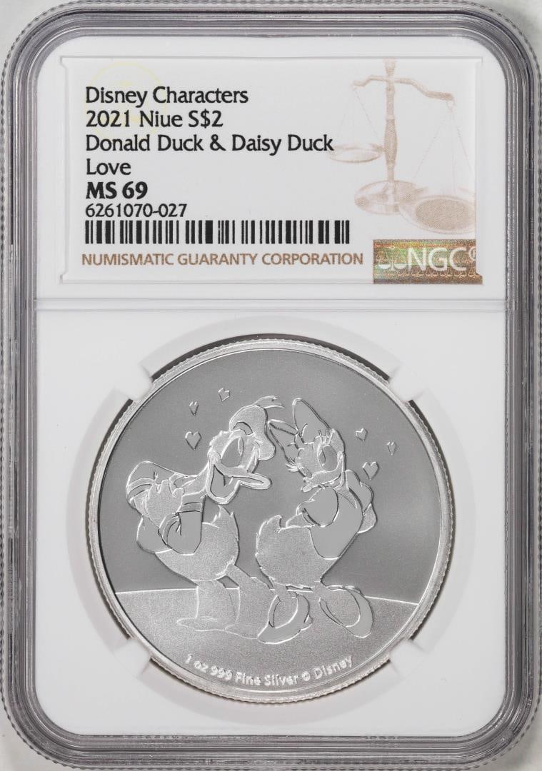 328) 2021 Niue $2 Disney Characters Donald Duck & Daisy Duck Love Silver Coin NGC MS69: One 2021 Niue $2 Disney Characters Donald Duck & Daisy Duck Love Silver Coin NGC MS69. NGC Certified.