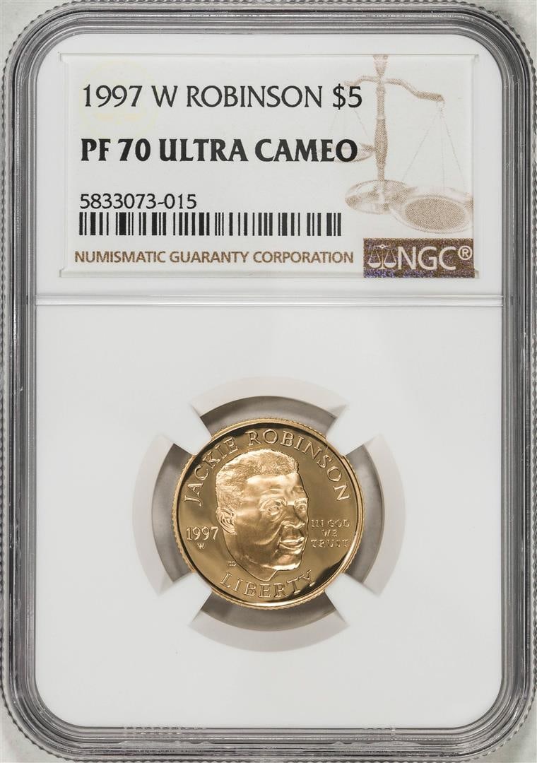 484) 1997-W $5 Jackie Robinson Proof Commemorative Gold Coin NGC PF70 Ultra Cameo: One 1997-W $5 Jackie Robinson Proof Commemorative Gold Coin NGC PF70 Ultra Cameo. NGC Certified.