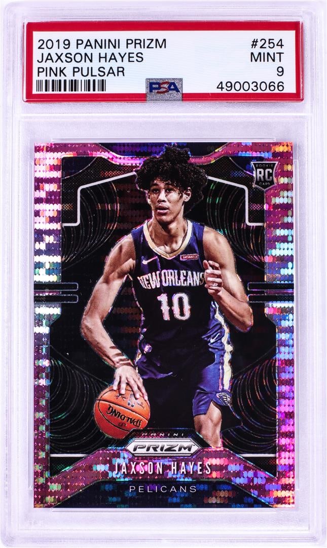 106) 2019 Panini Prizm Pink Pulsar Jaxson Hayes NBA Card #254 PSA Mint 9: One 2019 Panini Prizm Pink Pulsar Jaxson Hayes NBA Card #254 PSA Mint 9. PSA Certified.