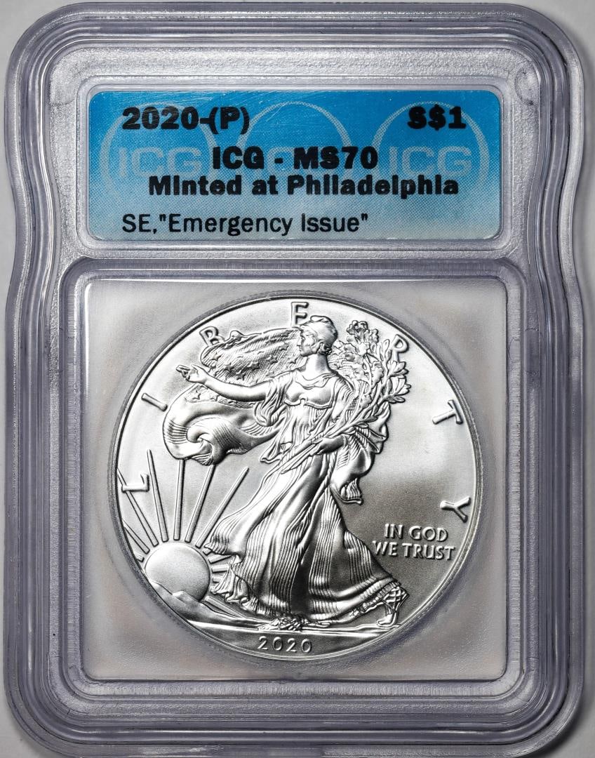 119) 2020-(P) $1 American Silver Eagle Coin ICG MS70 Emergency Issue Philadelphia Mint: One 2020-(P) $1 American Silver Eagle Coin ICG MS70 Emergency Issue Philadelphia Mint. ICG Certified.