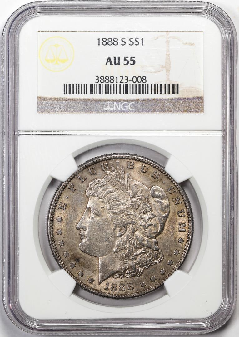 387) 1888-S $1 Morgan Silver Dollar Coin NGC AU55: One 1888-S $1 Morgan Silver Dollar Coin NGC AU55. NGC Certified.