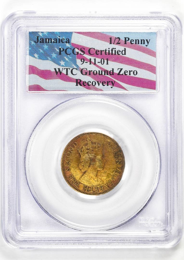 414) World Trade Center 1958 Jamaica 1/2 Penny Coin PCGS Graded WTC Ground Zero Recovery: One World Trade Center 1958 Jamaica 1/2 Penny Coin PCGS Graded WTC Ground Zero Recovery . PCGS Graded.