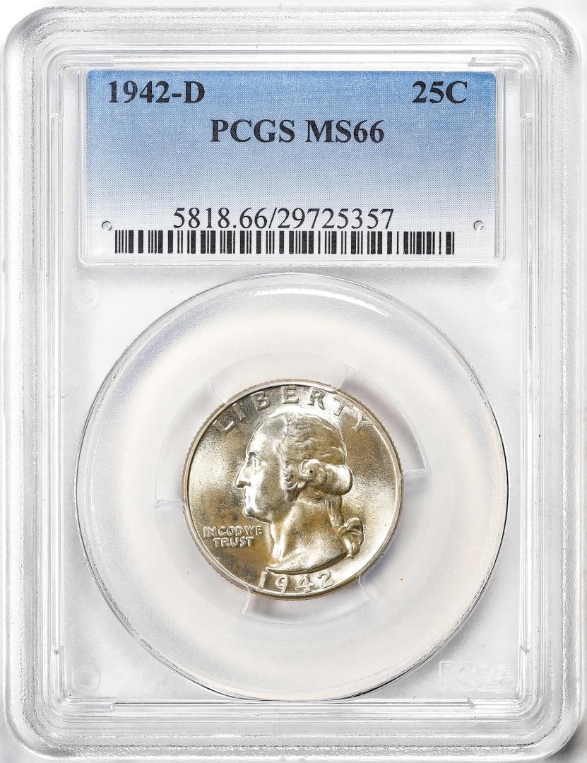 1942-D Washington Quarter Coin PCGS MS66: One 1942-D Washington Quarter Coin PCGS MS66. PCGS Graded.