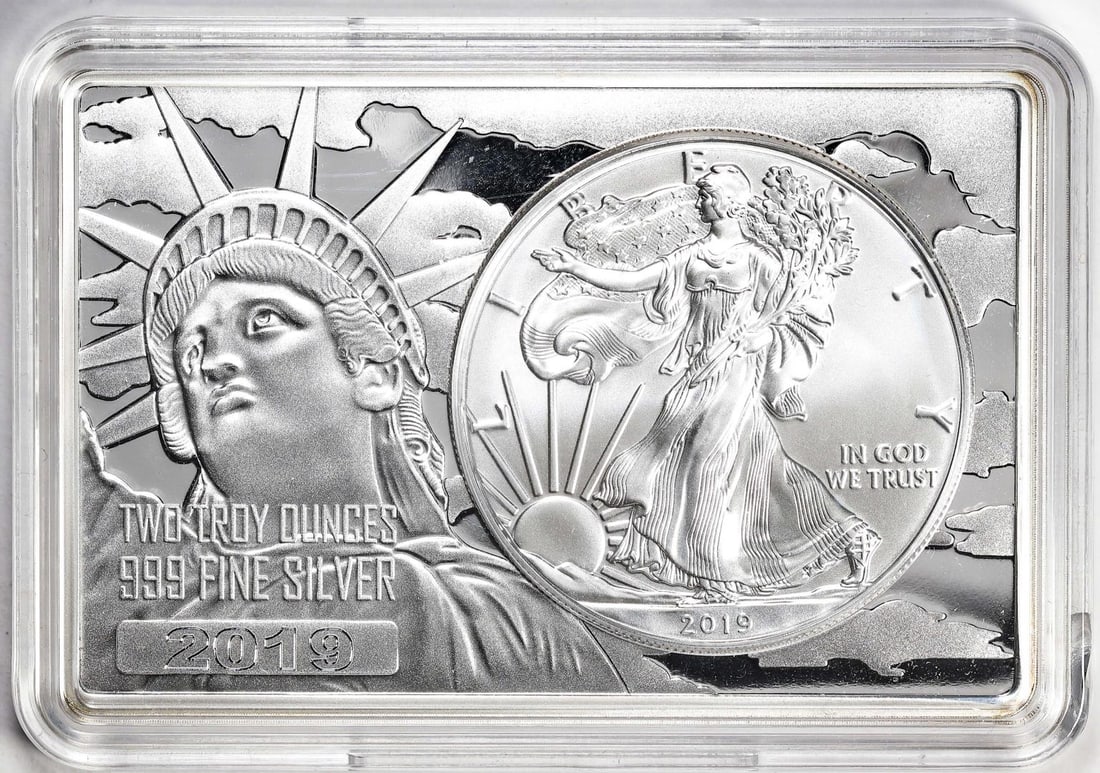 2019 $1 American Silver Eagle Coin & 2oz Silver Bar Set: One 2019 $1 American Silver Eagle Coin & 2oz Silver Bar Set.