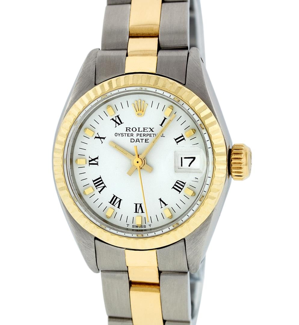 179) Rolex Ladies Two Tone White Index Datejust Wristwatch: One Ladies Pre Owned Two Tone 14K Yellow Gold & Stainless Steel Rolex Polished, Serviced & Electronically Tested, Rolex 14K Yellow Gold & Stainless Steel Case: 26mm, Rolex Yellow Gold Crown, Rolex Bez