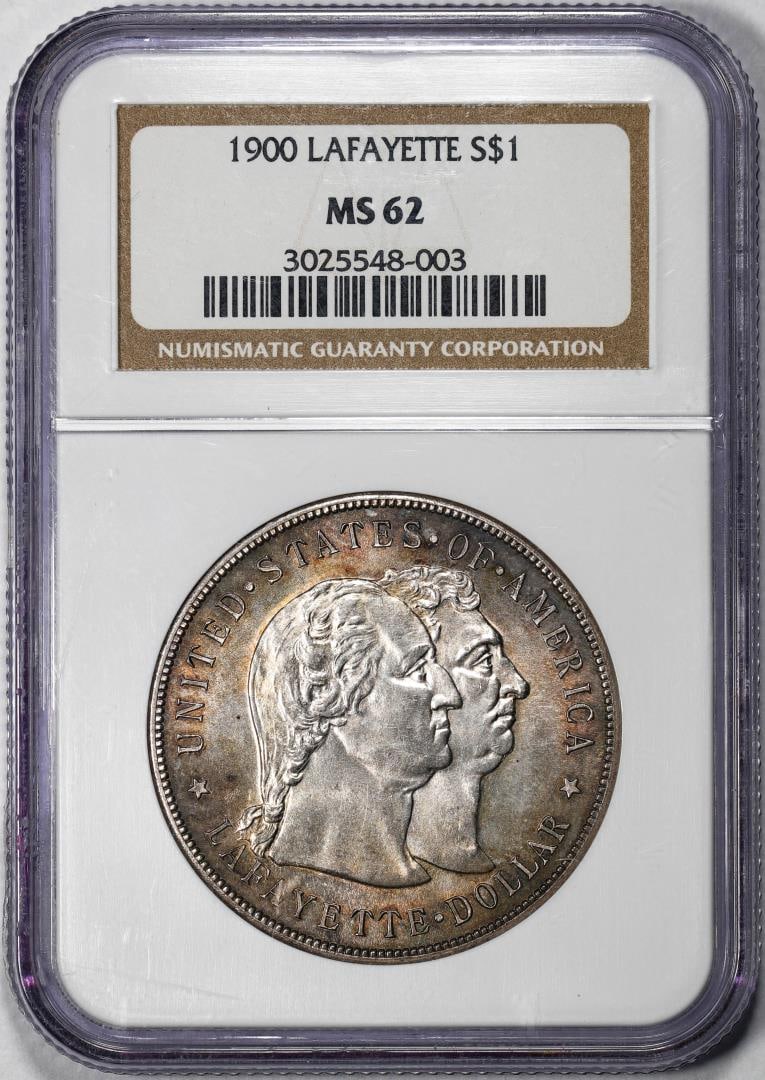 1900 $1 Lafayette Commemorative Silver Dollar Coin NGC MS62: One 1900 $1 Lafayette Commemorative Silver Dollar Coin NGC MS62. NGC Certified.